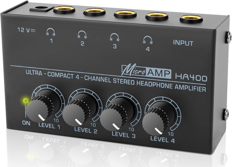 HSCLPM Headphone Amplifier, HA400 4-Channel Metal Stereo Audio Amplifier, Mini Earphone Splitter with DC 12V Power Adapter, HA400d1 for Sound Mixer PC Guitar Studio Stage - Image 3